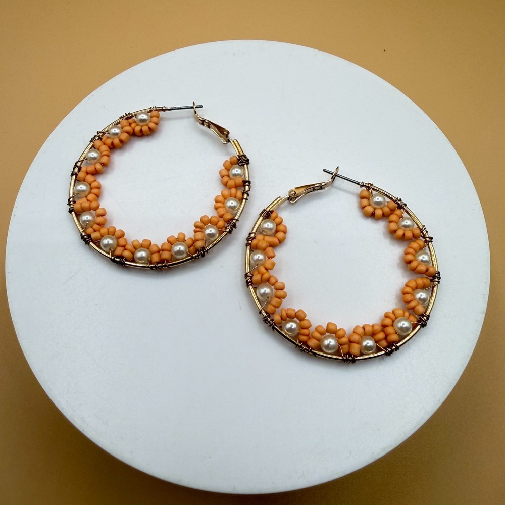 Large Peach Seed Bead Pearl Hoop Earrings Gold Tone Boho Floral Statement Gift